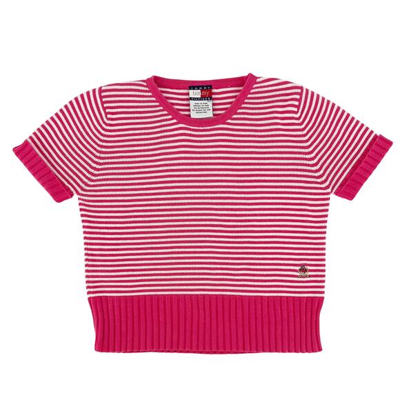 90s crop short sleeve sweater hot pink striped Tommy Hilfiger 1990s vintage - Picture 1 of 5